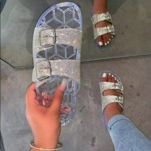 Clear Rhinestone Jelly Buckled Slide Sandals